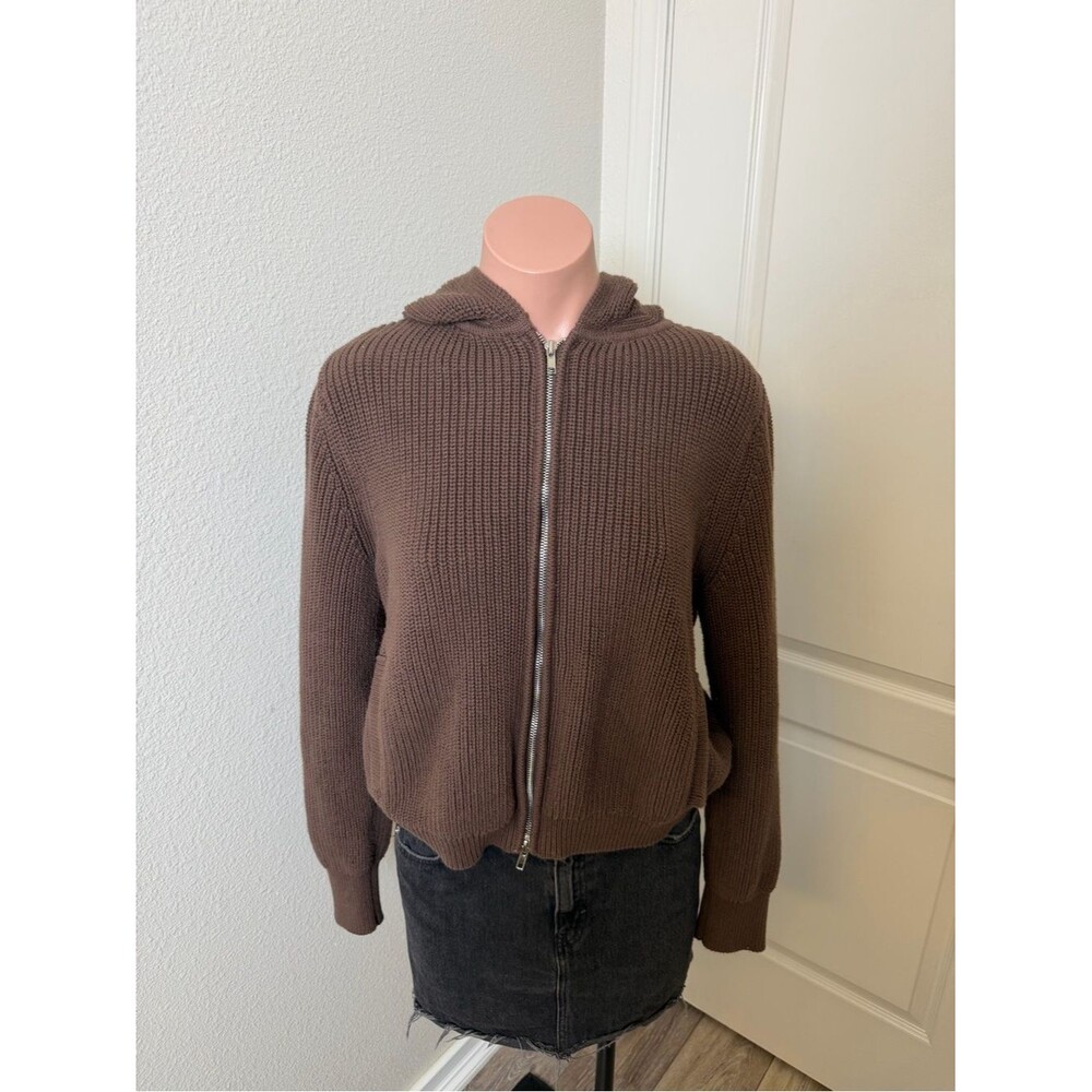 Stitches & Stripes Brown Zip-Up Hooded Knit Sweater Jacket Sz S